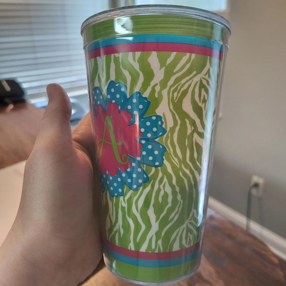 Green blue pink plastic tumbler with flower and letter A spring summer gift cute - Picture 3 of 3